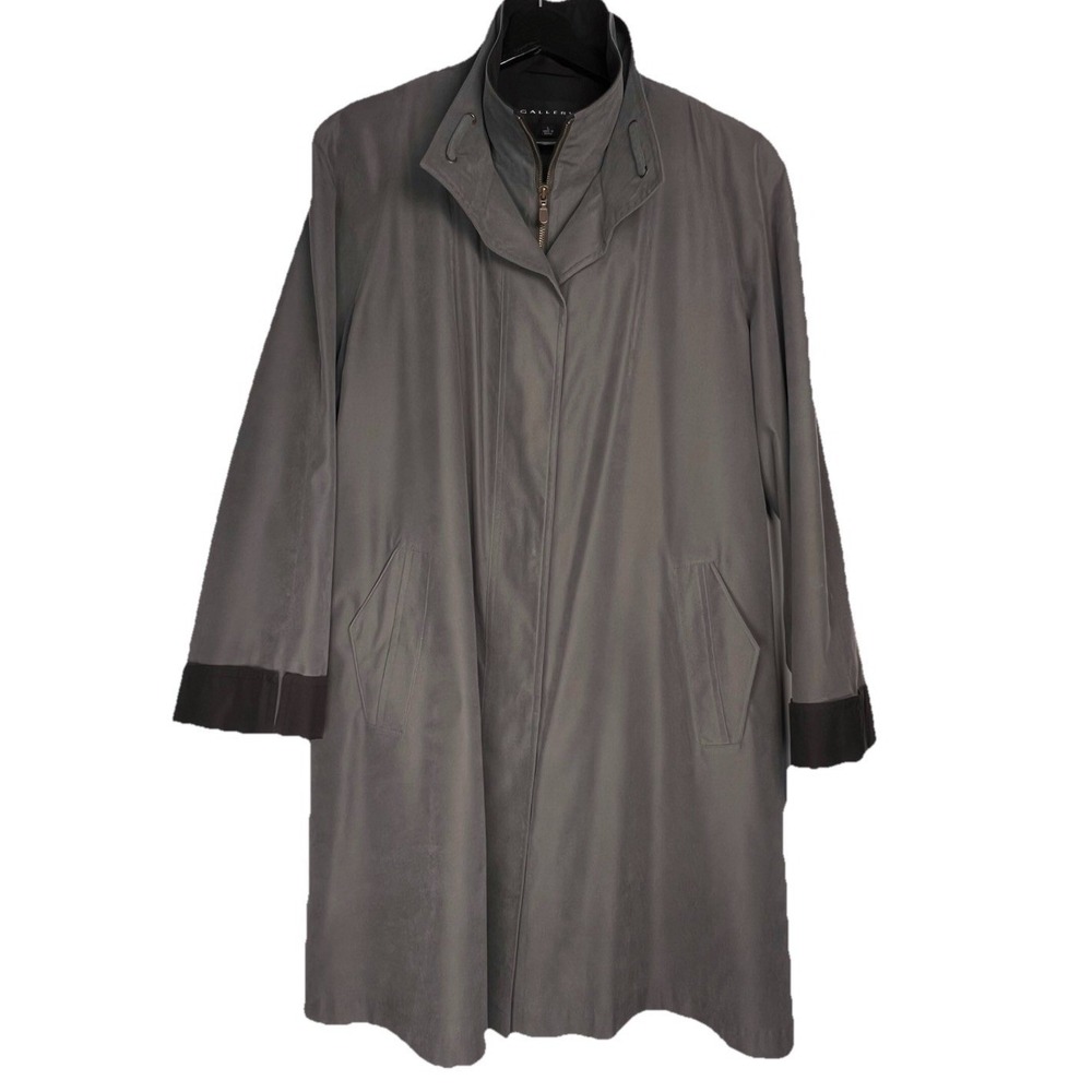 Gallery Womens Gray Trench Coat Raincoat Funnel Neck Contrast Cuff Size L - Picture 2 of 12